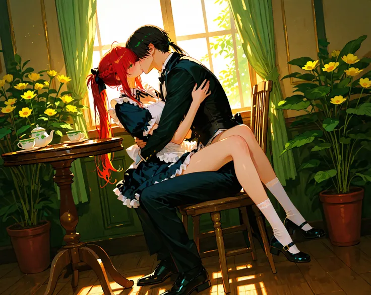 perfect anatomy hyper realistic, female with (hair above eyes braid ponytail hair green eye, scarlet Hair 20yo (Breasts:0.8), ruffle long maid clothes), male with (hair over eyes Black Hair 20yo Butler Clothes), sunlight flower garden, sitting wood chair, ...