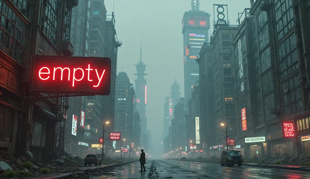 cyberpunk city with the word "empty" written clearly on a sign on a building