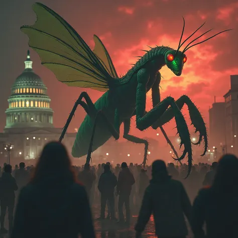 "A giant, terrifying green demonic mantis, with a dark, glowing exoskeleton, luminous red eyes, and translucent, broken wings, stands next to the demon, holding in its claws many people in the foreground. The scene takes place in a city in chaos, with the ...