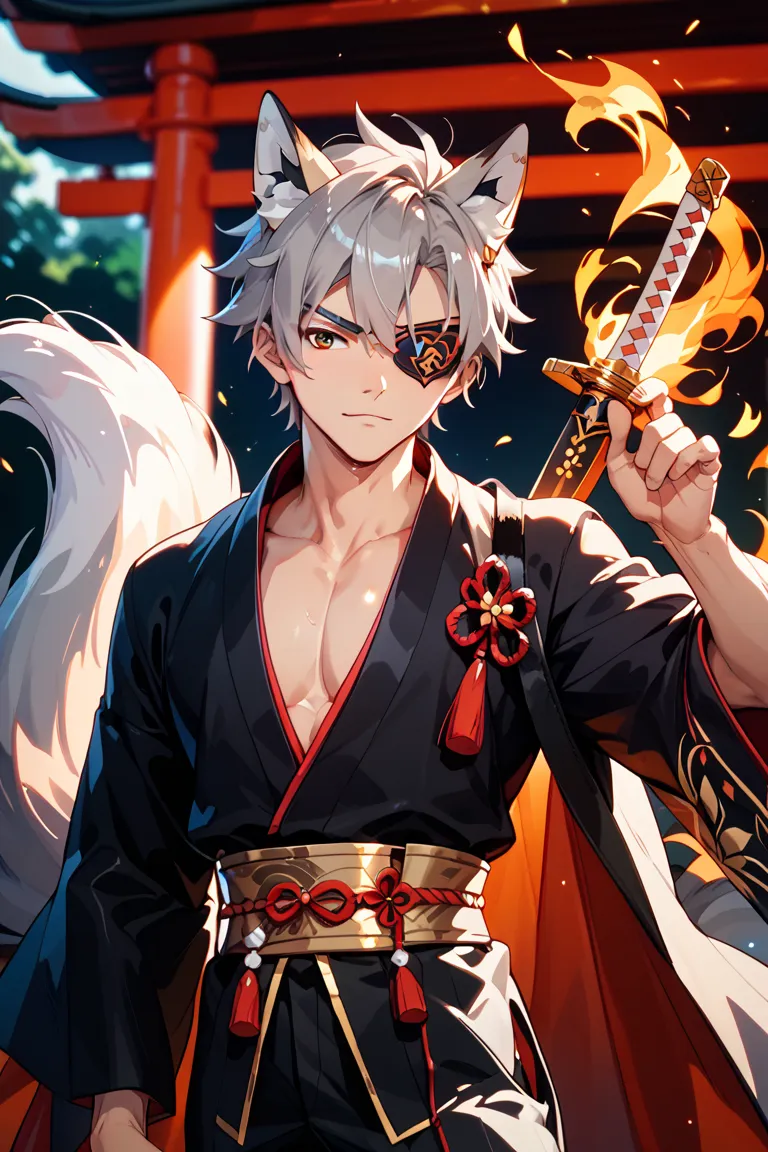 A fox in a black kimono、The male fox 、Tsukiya Shrine、A fox in a black kimono with a sword in his right hand、 golden belt、Grey hair、Eye patch、Foxfire