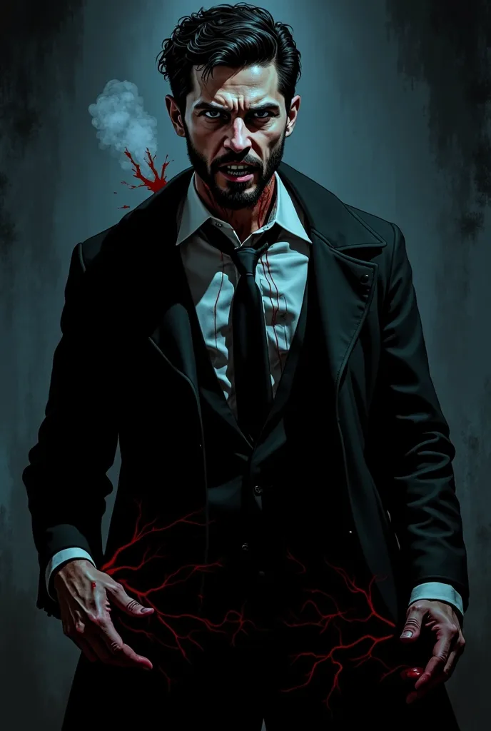 A highly detailed dark fantasy illustration of a dark and atmospheric horror-style image showing an intimidating figure portrayed by Actual Cannibal Shia LeBeouf in an art style inspired by Frank Miller Sin City. He has blood on his hands and around his mo...