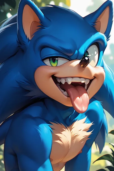 sonic the hedgehog, male, blue fur, open mouth with tongue hanging out, close-up of mouth, smirking, short, skinny, looking at viewer