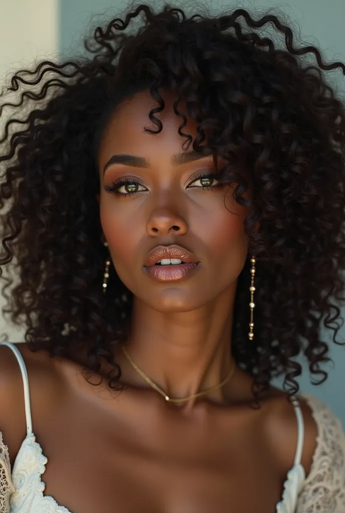 Black transgender supermodel with a big lips, her lower  lip is bigger, green eyes and long black Curly hair on a magazine cover 