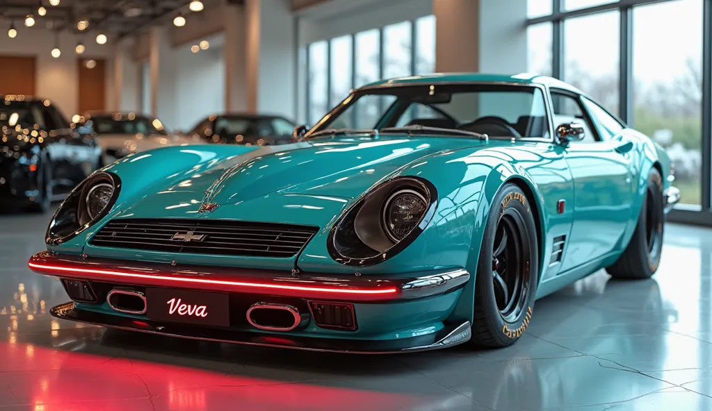 "A realistic, high-quality image of a modern sports car from the front right side view, resembling a 1960 Chevrolet vega wagon pro . The car is Turquoise glossy paint and a sleek, aerodynamic design, It has four large, round exhaust pipes and a wide.contin...