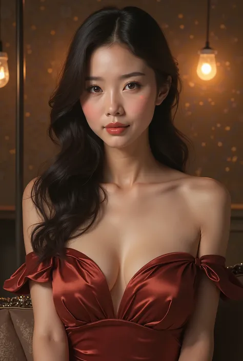 A hyper-realistic digital painting of a Korean woman, aged 30-40, with a sultry yet sophisticated expression. She has smooth, radiant skin, expressive almond-shaped eyes, and naturally full lips slightly parted. Her long, wavy dark hair cascades down her s...