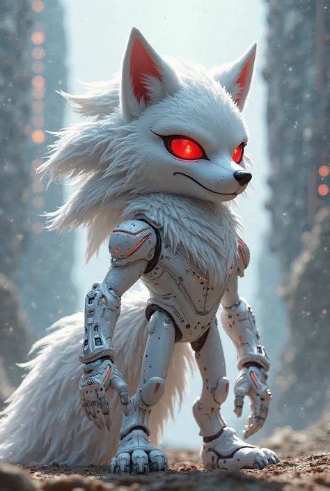 You can create a wolf with red eyes and white fur and with a cool and futuristic clothing style in the style of Sonic the Hedgehog 