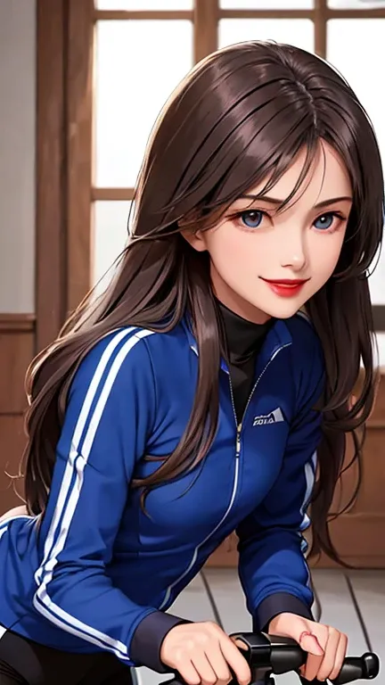 woman , long hair brown, normal, dark, she is solo, from alternative world ,best quality, realistic, cycling (full dark blue color) suit and cycling sports black shorts, she is stand , smile, red lipstick , 