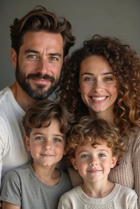 A family with a husband with 40 years of beard, A sister of her husband 39 years old hair with curls, a husband's wife 37 years wavy hair, husband's nephew boy s short hair, Husband's son boy s, husband's nephew s hair snails,  design
