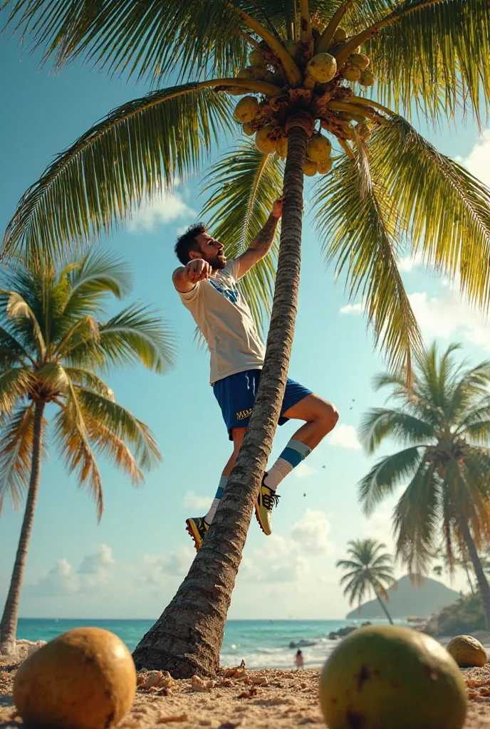 

"Lionel Messi is climbing a coconut tree and stealing coconuts."

