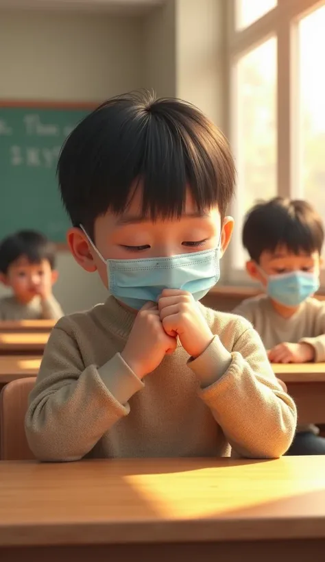 A young Asian boy, around 5-, is sitting at a wooden desk in a classroom, wearing a light blue surgical face mask. He has short black hair and is dressed in a beige sweater. His eyes appear slightly tired, and he is coughing into his fist while looking dow...