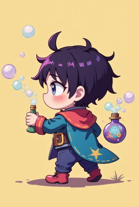  (simple line drawing) production ready flat coloring of a simple colorful anime toddler girl seen from the back, dressed as magician, holding a small potion with bubbles, 