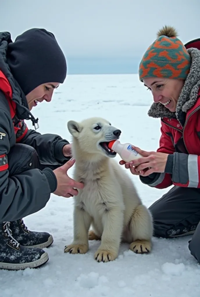 A veterinarian kneels next to a white polar cub and checks it for injuries.
They carefully apply antiseptic to small frostbite sores on their paws.
Another rescuer feeds the pup warm, nutrient-rich milk from a bottle.