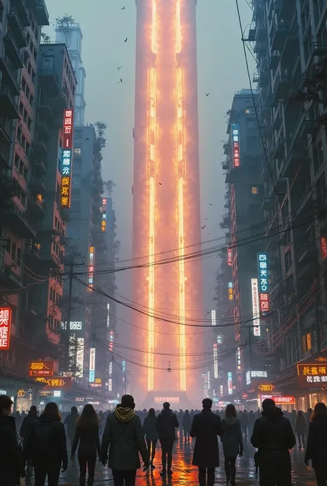 A dystopian cyberpunk Taipei street scene. In the background is an orange alien crystalline elevator to the sky. The sky is dark with a faint orange glow.