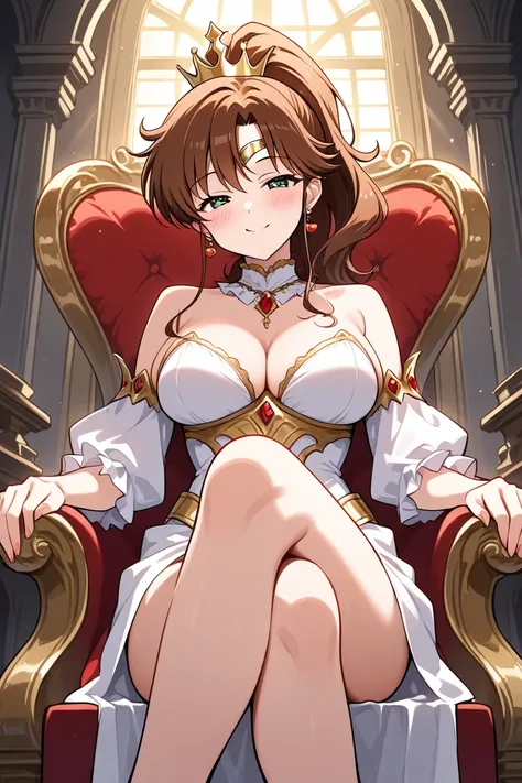 1 girl, obra maestra, mejor calidad, SMiLE, LONg hair, blush face, Brown hair, green eyes, ponytail hairstyle, medium boobs, rose earrings, red earrngs, Kino Makoto, INSIDE CASTLE, QUEEN OUTFIT, LOOKiNG AT VieweR, SUNLIGHT, SITTInG ON THRONE, CROSSED LEGS,...