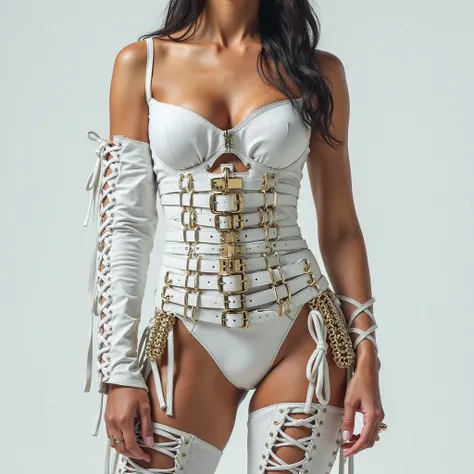 Ice Queen Enforcer
A white, off-the-shoulder bodysuit, leaving one arm bare, while the other is draped in a structured, lace-up sleeve with intricate strapwork.
A waist harness with seven sleek, interwoven leather belts, some featuring gold-plated clasps o...