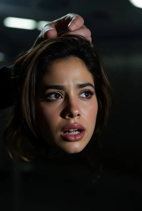 Photo of pretty 20 year old woman's disembodied head being held by her hair. Dark brown, medium lenth hair. Scared facial expression. Gorgeous face. Latina. Man's hand pulling her hair. She has an expressive frightened face. Hand holding a disembodied head...