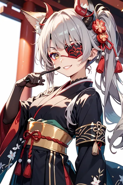 fox、黒い和服を着たfoxの獣人、雄のfox、Tsukiya Shrine、A fox in a black kimono with a sword in his right hand、Makeup、 golden belt、Grey hair、Eye patch、fox火、A short demon horn