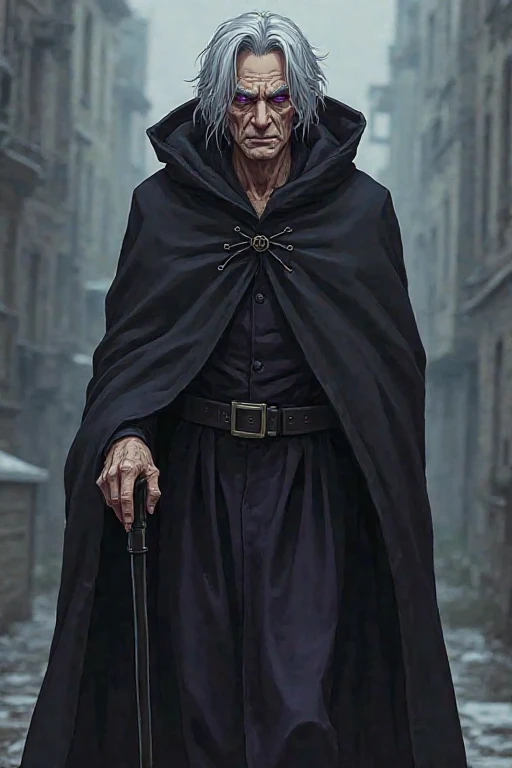 Anime style, slightly evil expression, extremely old man, medium length gray hair, standing dominant pose, purple iris, full black modern cloak with hood but he's not wearing the hood, walking using cane, pitch black cane, frontal view 