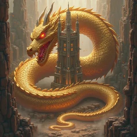 LONG GOLDEN COLORED RED EYED SPARKLING DRAGON SURROUNDS THE BUILDING WITH TEXT "KOF"