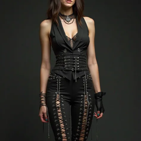 Femme Fatale Phantom
A sleeveless, tailored suit vest, cropped at the waist, with a high collar and deep V-cut, revealing a hint of lace underneath.
A single lace-up sleeve on her dominant arm, attached to a fingerless glove, giving a refined, commanding p...