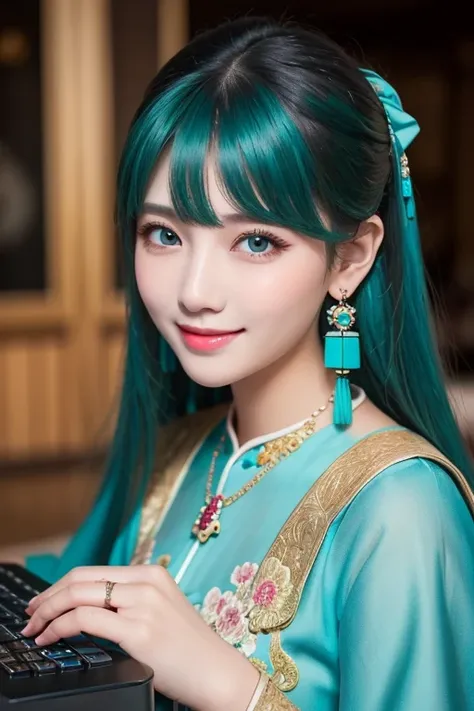 Masterpiece,  best quality ,  Ultra Details, illustration,( 1 girl), eyes drawn in beautiful detail,  Watch Your Audience, ( Hold up the computer keyboard ),  happy, ( turquoise hair:1), (Blue round eyes:1), (Round earrings), ( large turquoise jewelry neck...