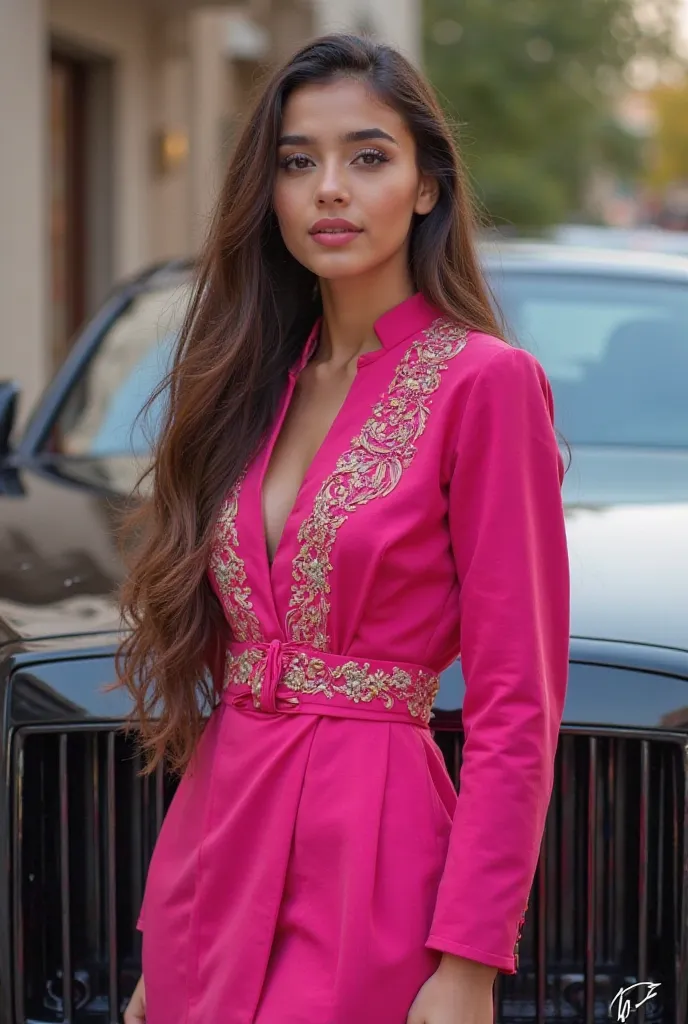 A beautifull healthy stylish  Muslim young girl in Muslim stylish pink dress costume open long hairs stand Infront of a  luxury black car look cinfident