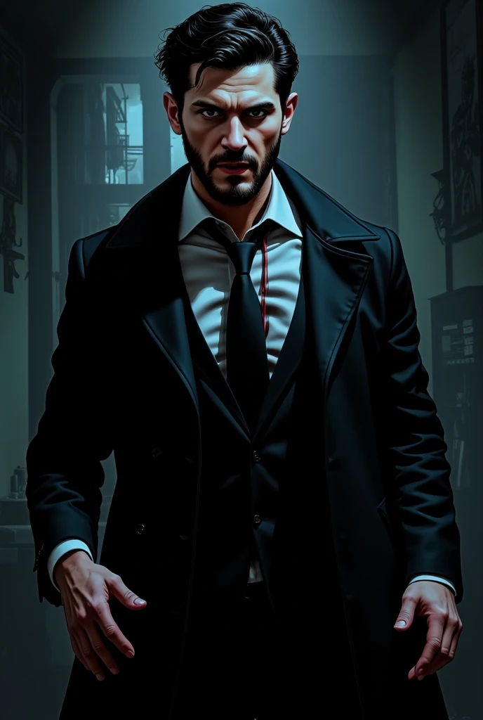 A highly detailed dark fantasy illustration of a dark and atmospheric horror-style image showing an intimidating figure portrayed by Shia LeBeouf in an art style inspired by Frank Miller Sin City. The overall composition and lighting creates an unsettling,...