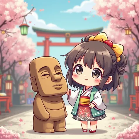 cuteモアイ像と可愛い女の子、
 chibi、
cute、
 anime style、
Hinamatsuri、