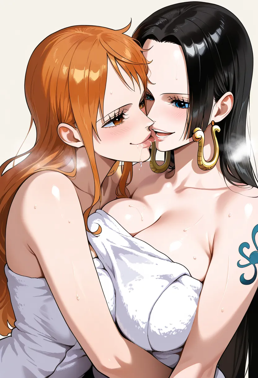 masterpiece, best quality, amazing quality, 2girl, (Nami, one piece, orange eyes, orange hair), (Boa Hancock, one piece, blue eyes, black hair), long hair, white towel, very happy smile, close up shot, simple background, medium size boobs , golden ratio fa...