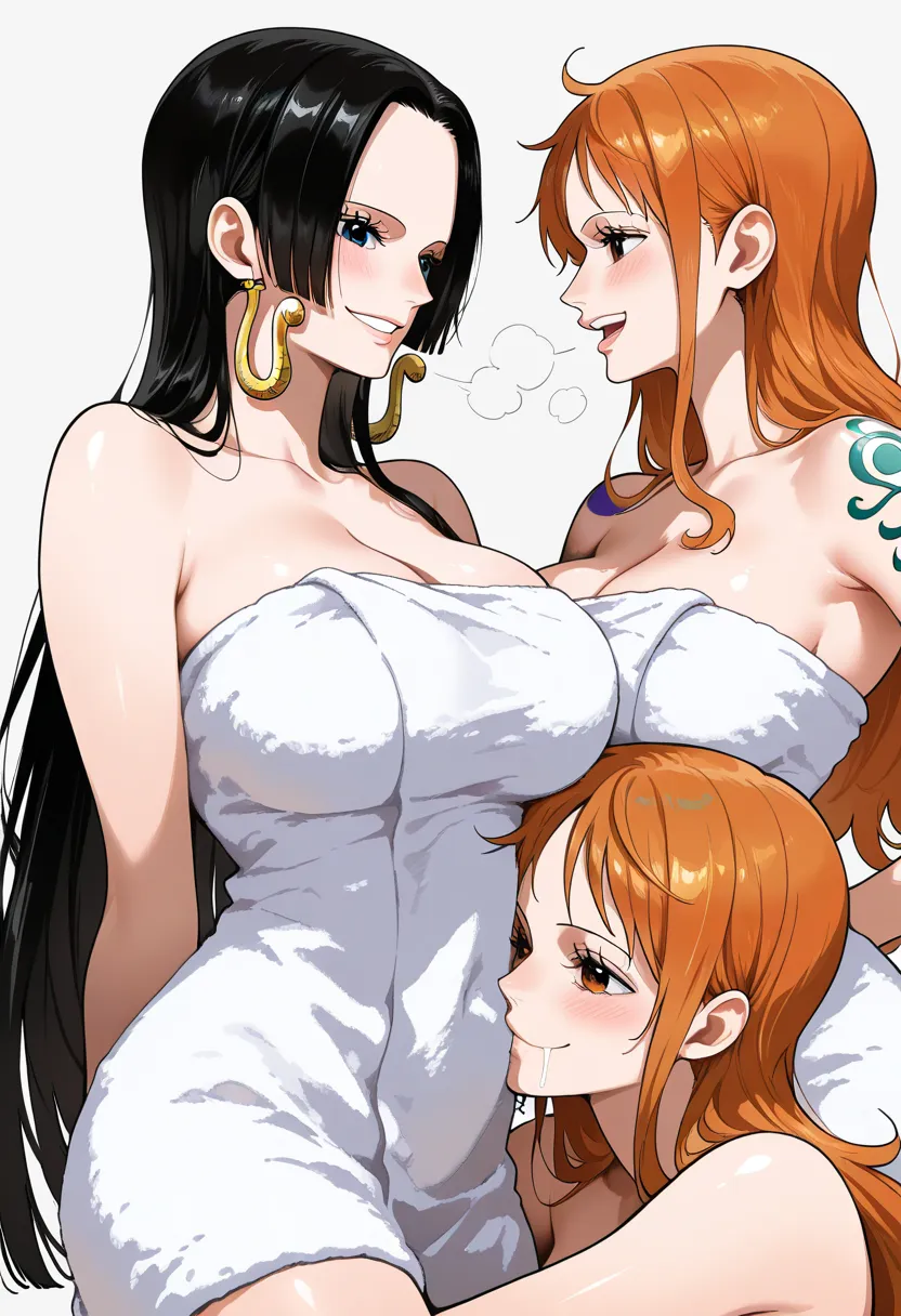 masterpiece, best quality, amazing quality, 2girl, (Nami, one piece, orange eyes, orange hair), (Boa Hancock, one piece, blue eyes, black hair), long hair, white towel, very happy smile, close up shot, simple background, medium size boobs , golden ratio fa...