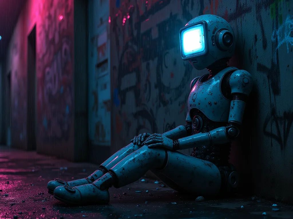  by Ronit Baranga+Peter Gric+Beeple+Dan Mumford, Dark atmosphere, night, heavy rain,  atompunk, post-apocalyptic , forgotten robot sitting against a graffiti-covered wall, sad posture,  head down+ its face is a blank screen, body made of worn+gritty polyca...