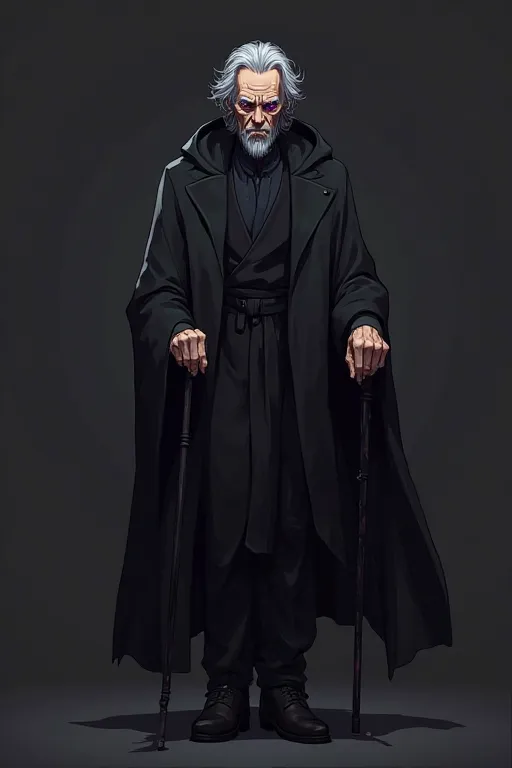 Anime style, slightly evil expression, extremely old man, medium length gray hair, standing dominant pose, purple iris, full black modern cloak with hood but he's not wearing the hood, walking using cane, pitch black cane, frontal view, dark background