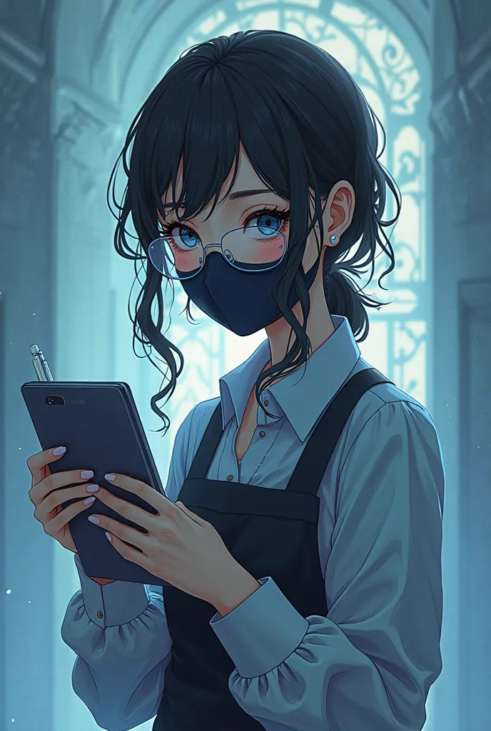 Esthetic background, cool girl anime, with mysterious aaura, beautiful face, holding pen and notebook, wearing mask and glasses