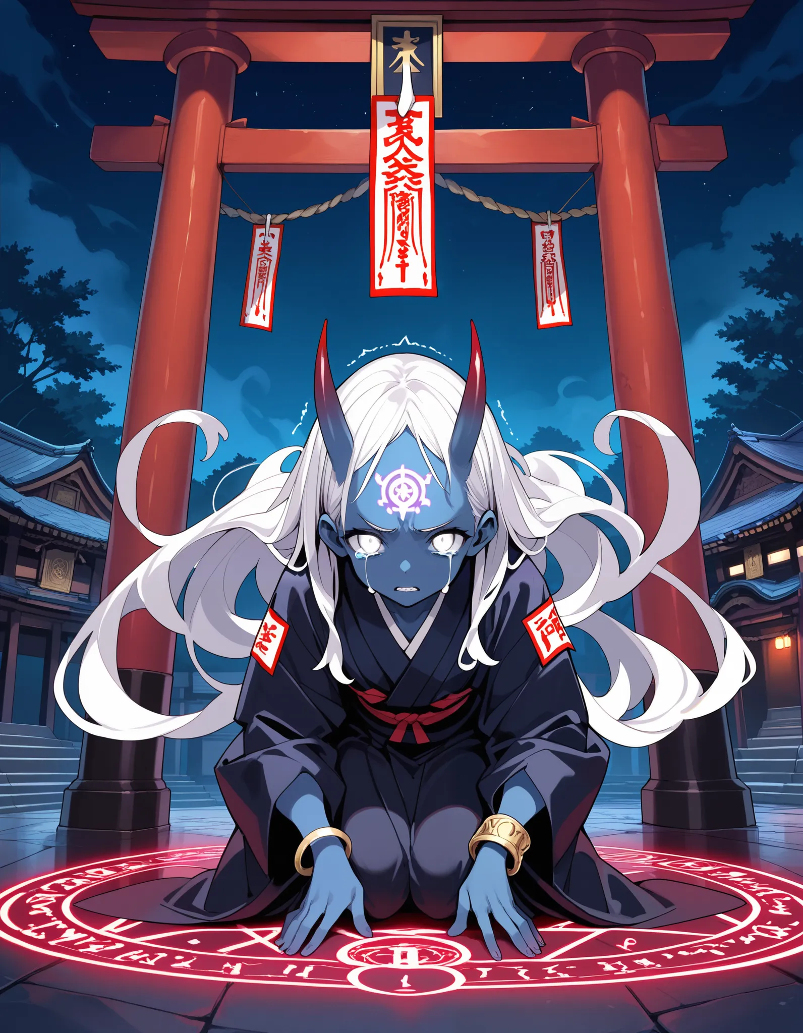 masterpiece,ultra-detailed CG illustration,top quality, best quality, (popqn:0.5),a slim girl,apologizing,dogeza at center of large magic circle,kimono, trembling, dark blue skin, colored skin, white hair, very long hair, oni horns, night, japanese style t...