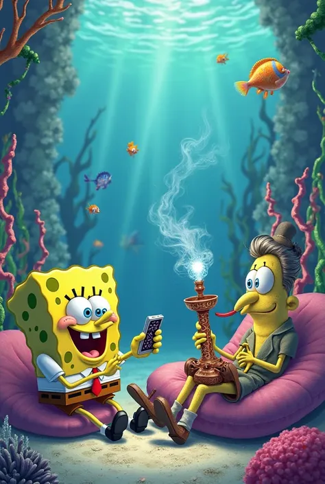 Spongebob plankton plays phone and smokes hookah 