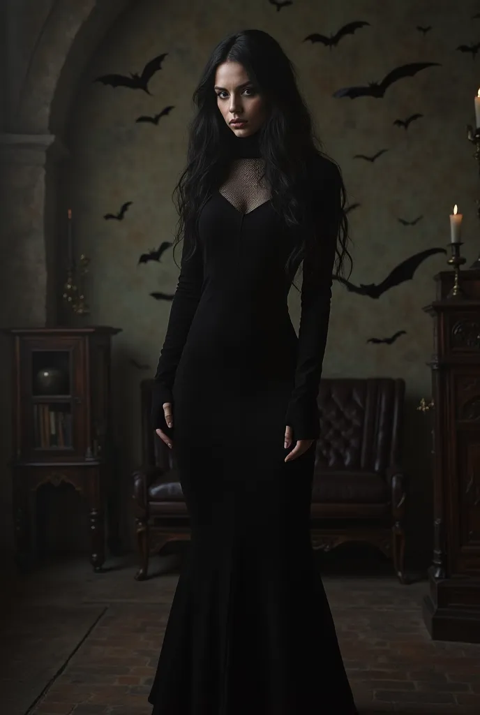  hyperrealistic photograph , Raw Effects style by Putin in a very tight black women's dress with the Morticia split from the Addams family and long black hair.. The background is a room in a Gothic castle with bats 