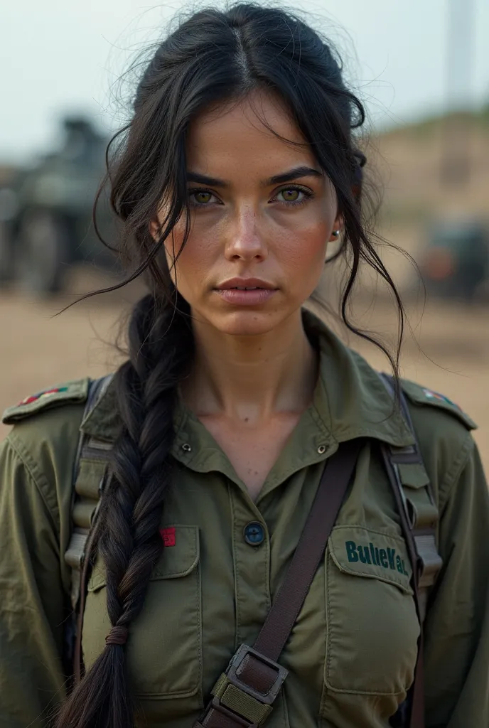 A war correspondent with a beautiful face with black hair braided on the side 