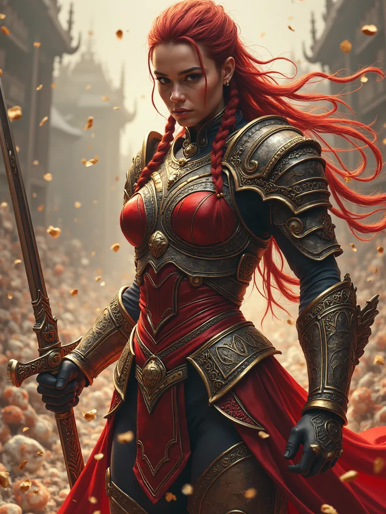 Tall muscled defined woman, detailed armor, red and gold engraved leather Cuirass, intricate designs on the Cuirass, intricate Cuirass engravings, imposing and powerful stance, fierce expression, red wild mane braided hair, dynamic pose, intense battle sce...