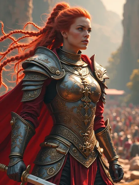 Tall muscled defined woman, detailed armor, red and gold engraved leather Cuirass, intricate designs on the Cuirass, intricate Cuirass engravings, imposing and powerful stance, fierce expression, red wild mane braided hair, dynamic pose, intense battle sce...