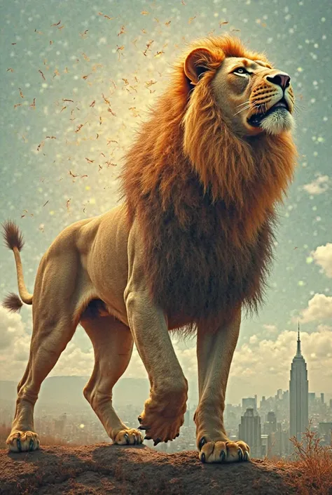 Create a visually stunning image of a man undergoing a magical transformation into a lion, with a fusion so seamless and realistic that it is almost imperceptible. The transformation should be depicted in a gradual and surrealistic manner, showing the man'...