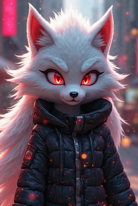  a female wolf inspired by the universe of Sonic .  Her fur is radiant white and her eyes are deep red ,  conveying a decisive and enigmatic look . Its design combines the dynamic aesthetics typical of the world of Sonic,  with fluid lines and touches of s...