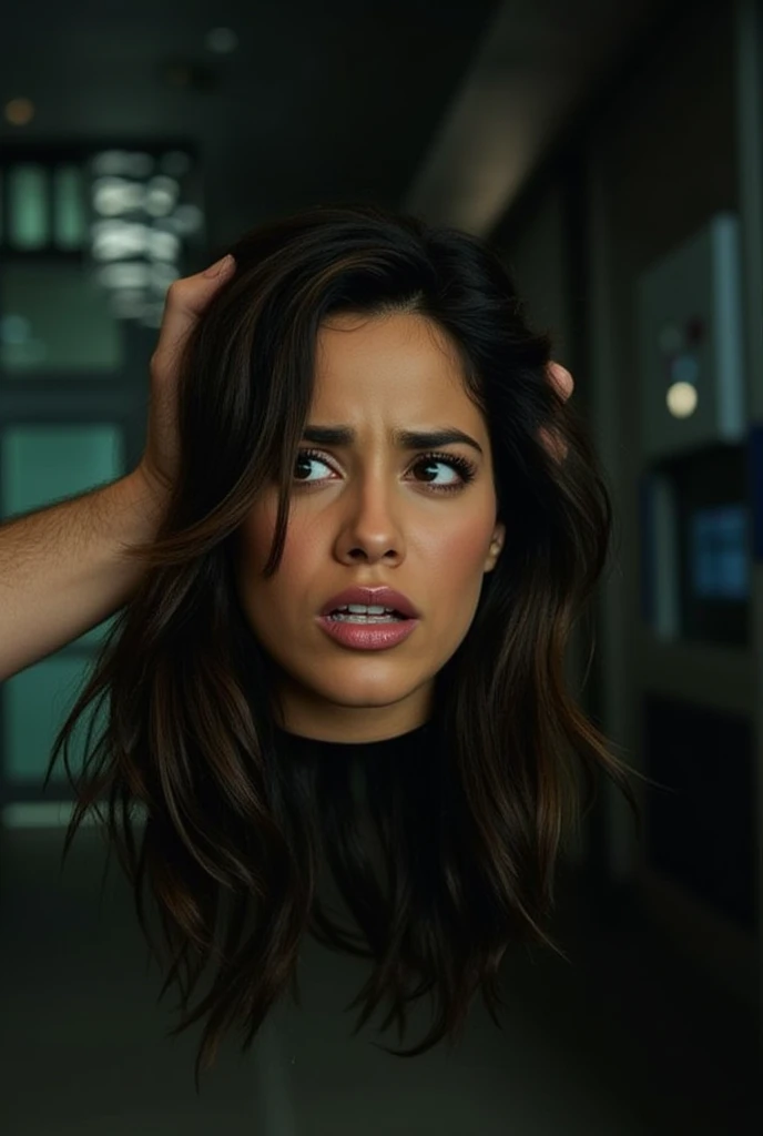 Photo of pretty 20 year old woman's disembodied head being held by her hair. Dark brown, medium lenth hair. Scared facial expression. Gorgeous face. Latina. Man's hand pulling her hair. She has an expressive frightened face. Pained facial expression. She i...