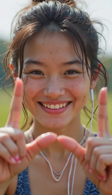 stunning photograph of a chinese young woman, sweaty face ,  wet hair , fingers form the letter v, Cheerful smile, earphone in ear, sportswear, locations in sports parks, morning, white natural lighting