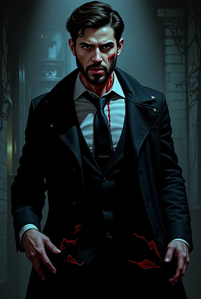 A highly detailed dark fantasy illustration of a dark and atmospheric horror-style image showing an intimidating figure portrayed by Shia LeBeouf in an art style inspired by Frank Miller Sin City. He has blood on his hands and around his mouth. The overall...