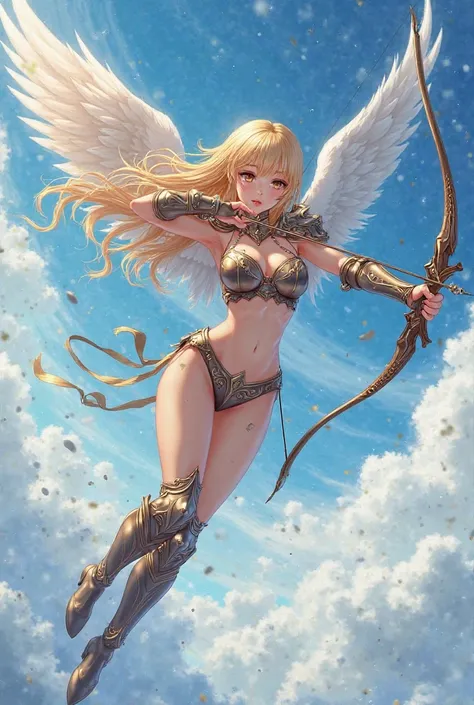 anime style、 high school girl、Angel wings are growing、wearing bikini armor、Big Breasts、 golden hair、 I fly through the sky 、Shooting a bow