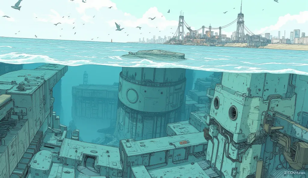  from above ,cyberpunk,Sea Level Rise  ,Submerged Ruins,Concrete ruins sinking into the sea,seawater erodes,crack,Piping,Wave, clear,cloud,Flock of birds