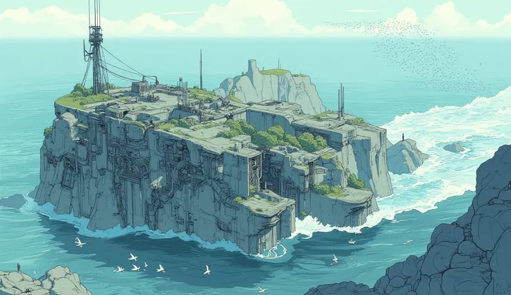  from above ,cyberpunk,Sea Level Rise  ,Submerged Ruins,Concrete ruins sinking into the sea,seawater erodes,crack,Piping,Wave, clear,cloud,Flock of birds