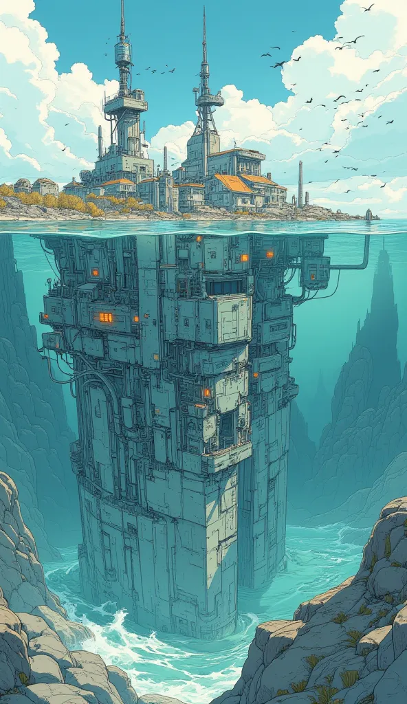  from above ,cyberpunk,Sea Level Rise  ,Submerged Ruins,Concrete ruins sinking into the sea,seawater erodes,crack,Piping,Wave, clear,cloud,Flock of birds