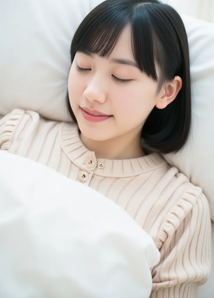 happy pictures of very beautiful women sleeping，Asian style noodles，White curtain at the back ，sleeping happily in bed、show pictures of very beautiful women's large upper body