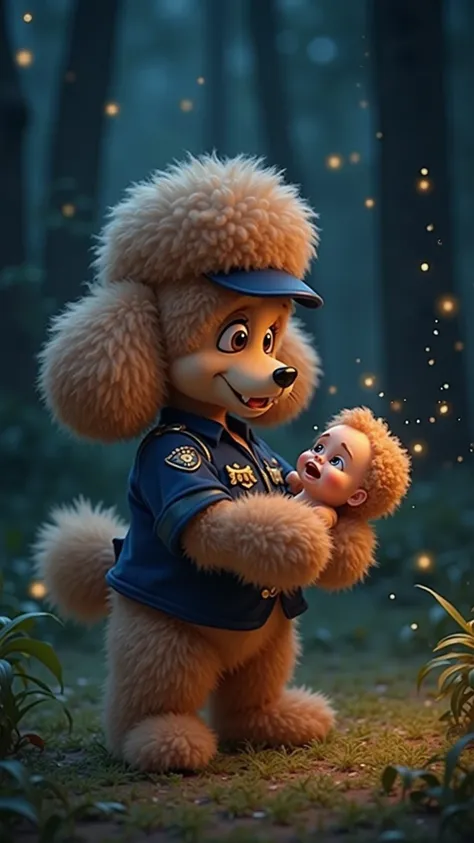 The chubby police poodle stands triumphantly in the forest, having scared away the wolf. He gently holds the rescued baby in his furry paws, looking at it with big, caring eyes. The baby, no longer crying, gazes up at the poodle with curiosity. The police ...